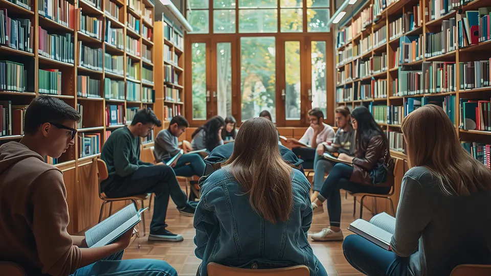 Students reading books in a library study group surrounded by bookshelves