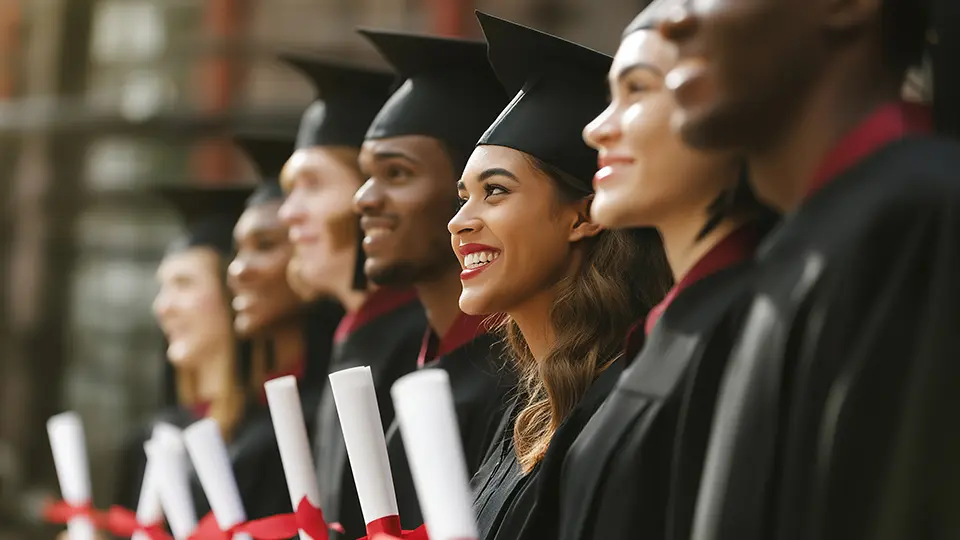 A diverse group of happy graduates in caps and gowns holding diplomas at a commencement ceremony