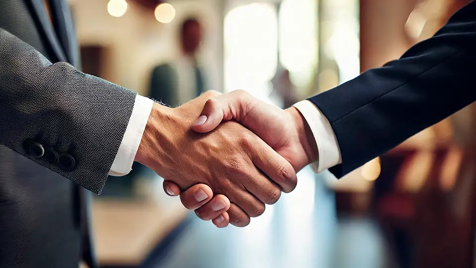 Close-up of two business professionals shaking hands in a modern office setting, symbolizing partnership and agreement."
