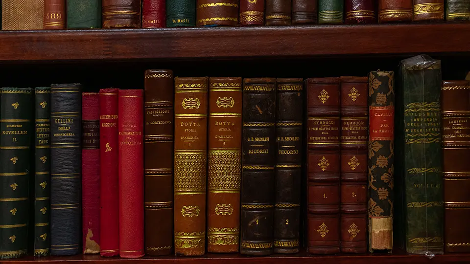 Close-up of scholarly antique books preserved in a university library