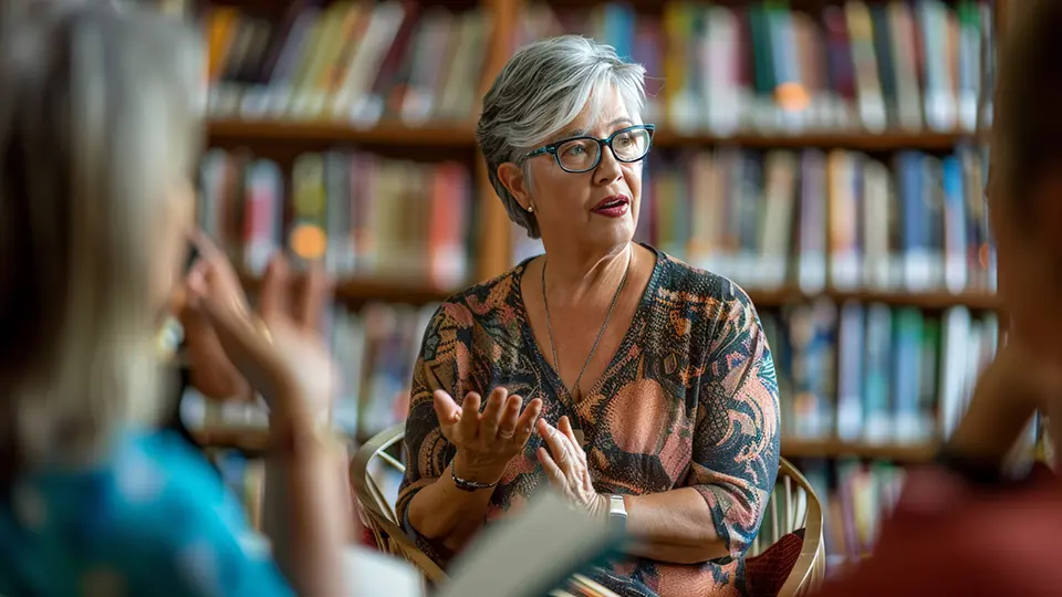 University professor leading a college classroom discussion with students in a campus library