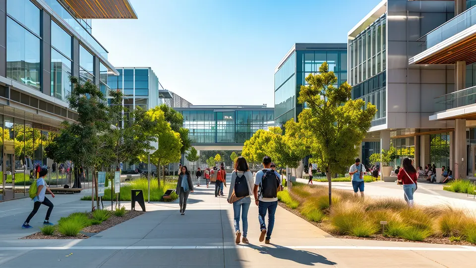 Modern university campus with students walking between glass academic buildings and landscaped green spaces on a sunny day